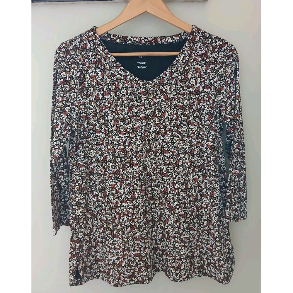 J. Jill Luxe Supima Crew Neck Tunic Top Size Medium Brown Floral Cottagecore